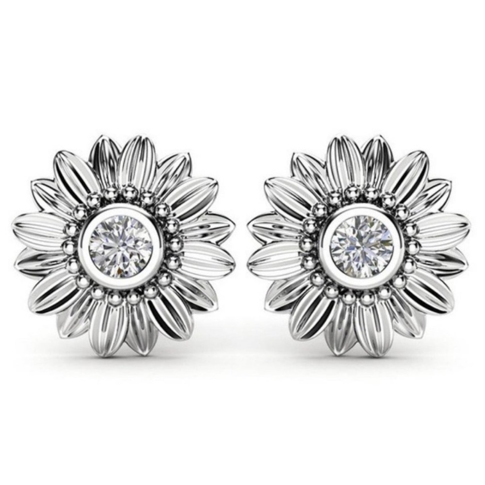 STERLING SILVER DIAMOND SUNFLOWER STUD EARRINGS